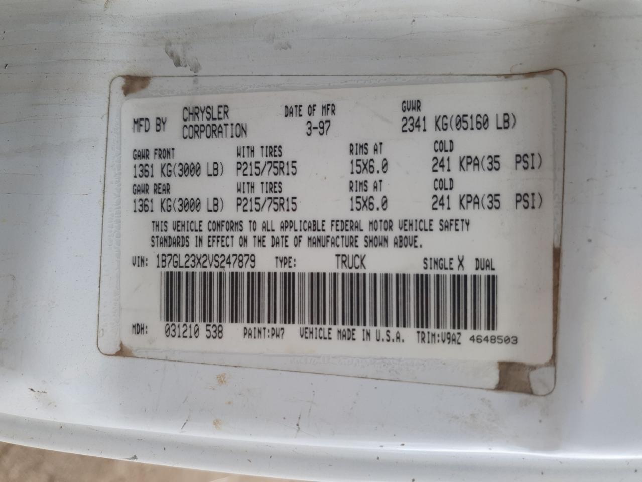 Lot #3302711006 1997 DODGE DAKOTA