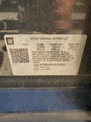 2019 CHEVROLET SONIC PREM 1G1JF5SBXK4126952