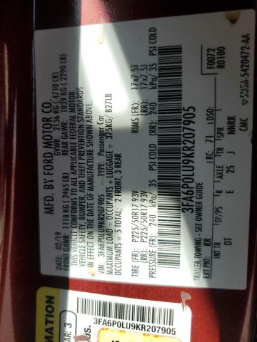 2019 FORD FUSION SE - 3FA6P0LU9KR207905