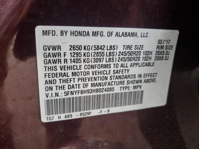 2017 HONDA PILOT TOUR - 5FNYF6H93HB024085