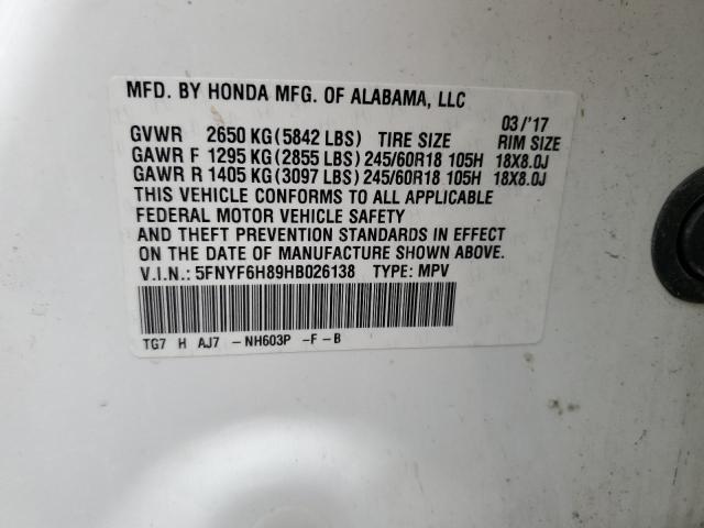2017 HONDA PILOT EXL 5FNYF6H89HB026138