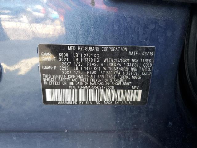 2019 SUBARU ASCENT TOU 4S4WMARD5K3472038