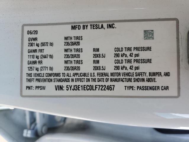 2020 TESLA MODEL 3 5YJ3E1EC0LF722467