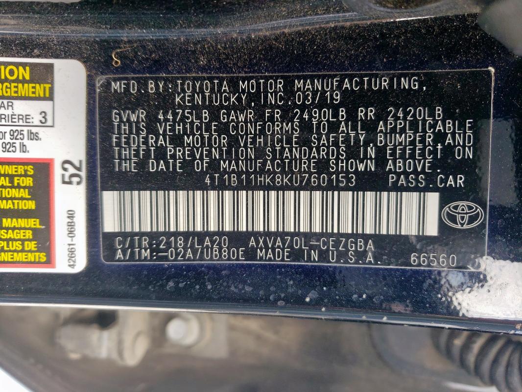 2019 TOYOTA CAMRY L - 4T1B11HK8KU760153