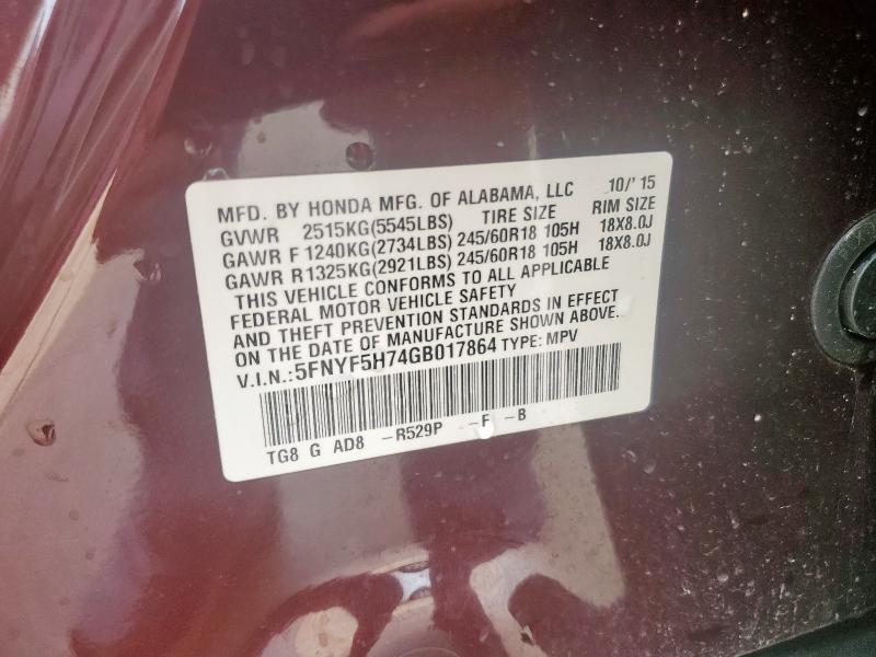 2016 HONDA PILOT EXLN 5FNYF5H74GB017864
