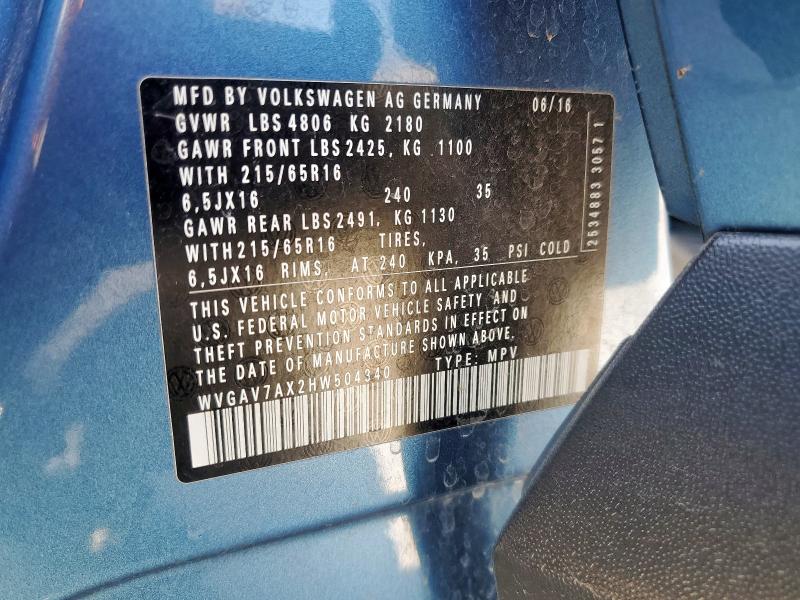 2017 VOLKSWAGEN TIGUAN S - WVGAV7AX2HW504340