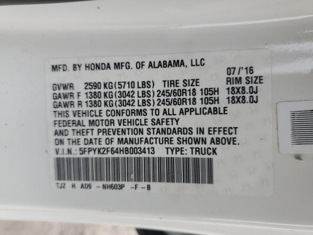2017 HONDA RIDGELINE - 5FPYK2F64HB003413