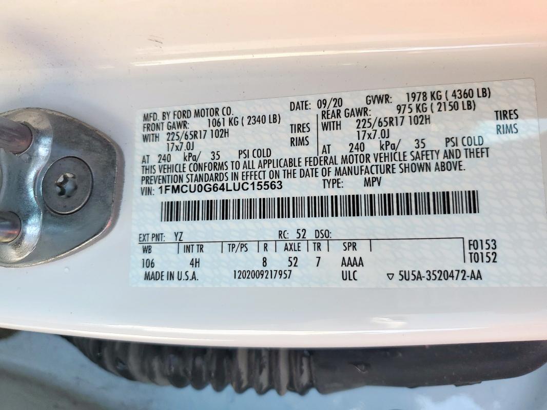2020 FORD ESCAPE SE - 1FMCU0G64LUC15563