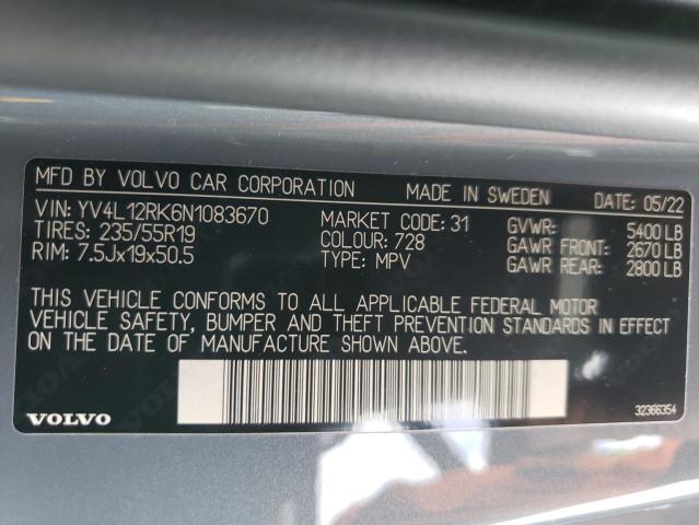 2022 VOLVO XC60 B5 MO YV4L12RK6N1083670