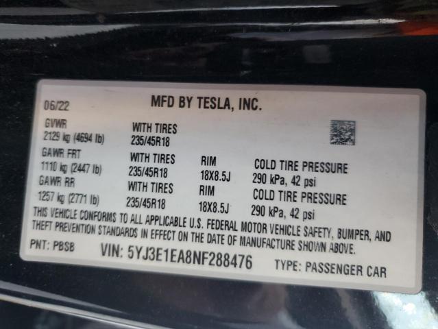 2022 TESLA MODEL 3 - 5YJ3E1EA8NF288476