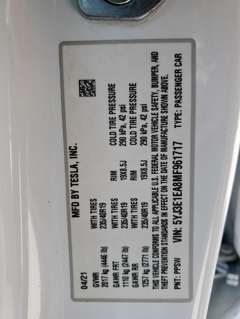 2021 TESLA MODEL 3 - 5YJ3E1EA8MF961717