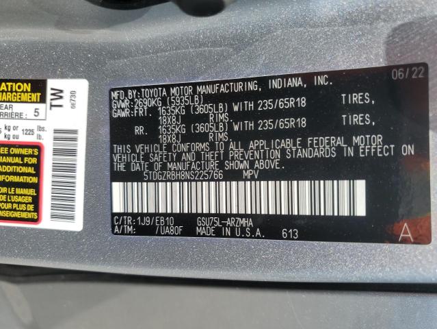 2022 TOYOTA HIGHLANDER - 5TDGZRBH8NS225766