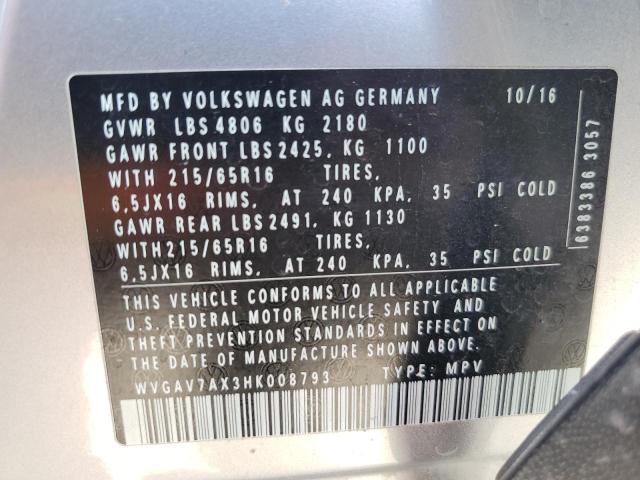 2017 VOLKSWAGEN TIGUAN S - WVGAV7AX3HK008793