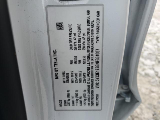 2022 TESLA MODEL 3 5YJ3E1EB3NF351007