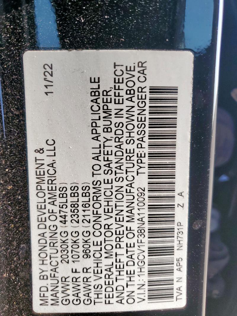 2022 HONDA ACCORD SPO - 1HGCV1F38NA110092
