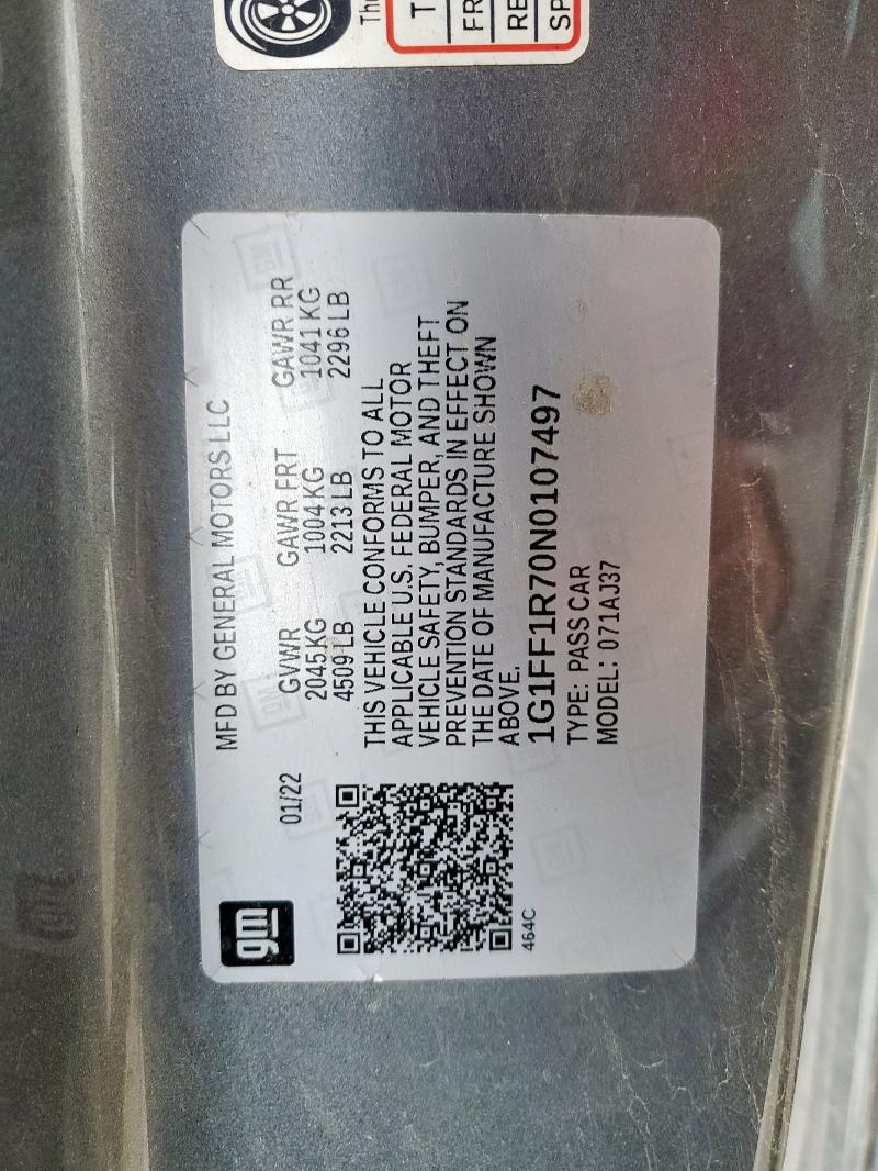 2022 CHEVROLET CAMARO LT1 1G1FF1R70N0107497