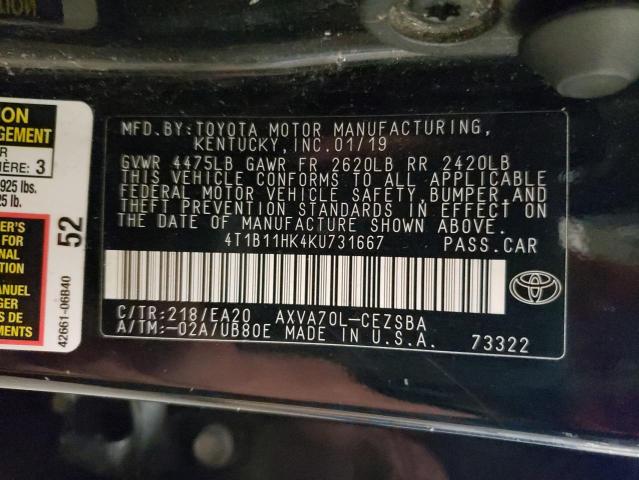 2019 TOYOTA CAMRY L 4T1B11HK4KU731667