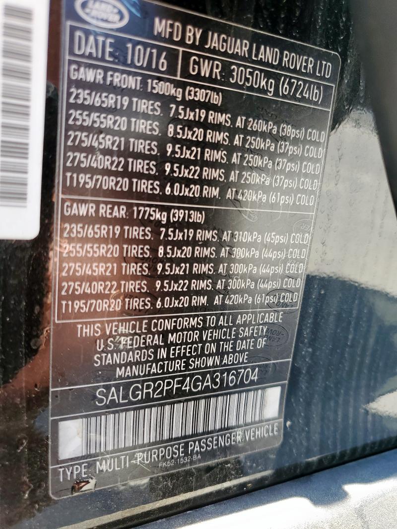 2016 LAND ROVER RANGE ROVE - SALGR2PF4GA316704