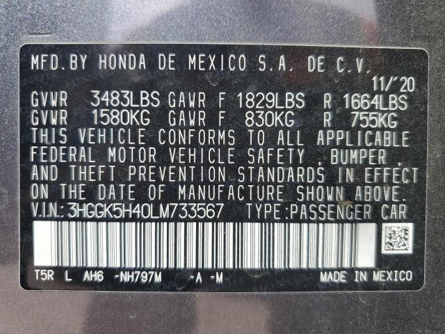 2020 HONDA 1100CC 3HGGK5H40LM733567