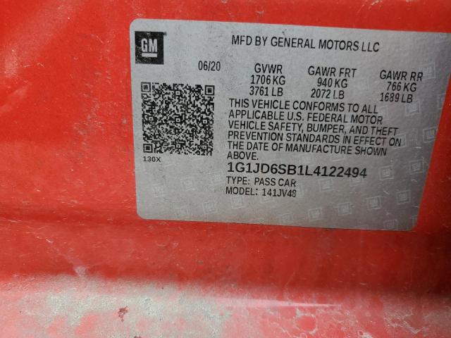 2020 CHEVROLET SONIC LT 1G1JD6SB1L4122494