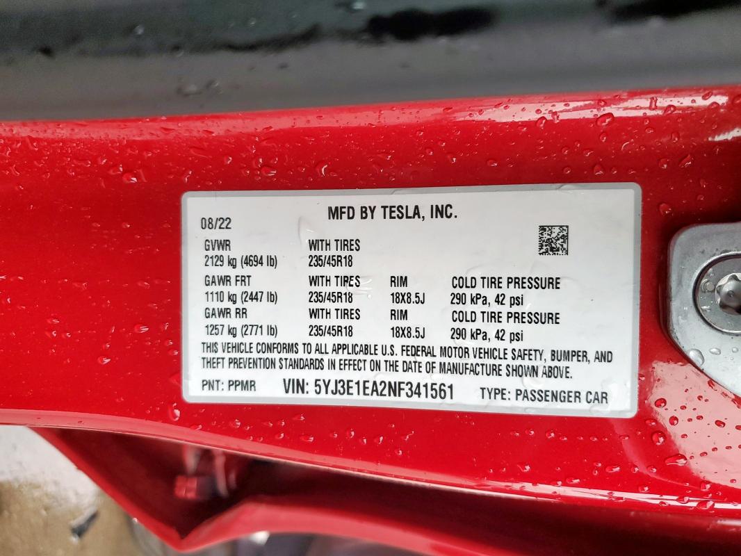 2022 TESLA MODEL 3 - 5YJ3E1EA2NF341561