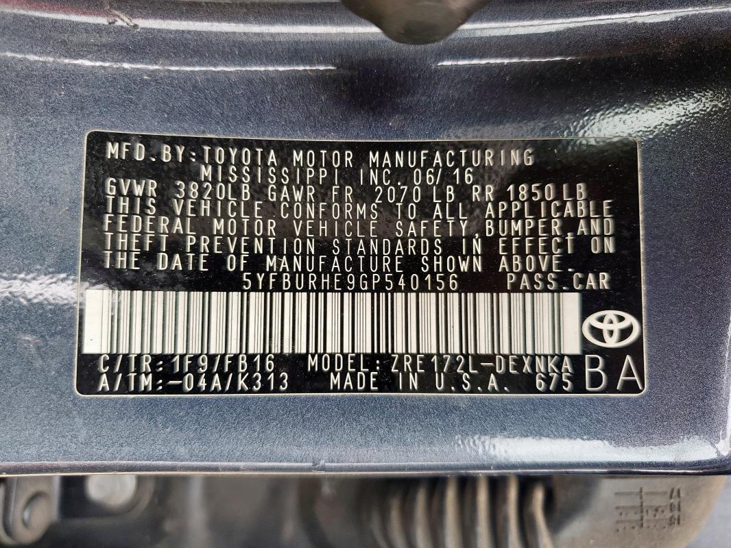 2016 TOYOTA COROLLA L - 5YFBURHE9GP540156
