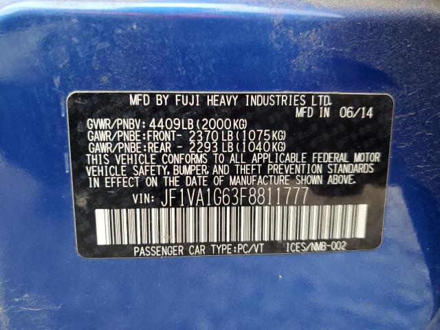 2015 SUBARU WRX LIMITE JF1VA1G63F8811777