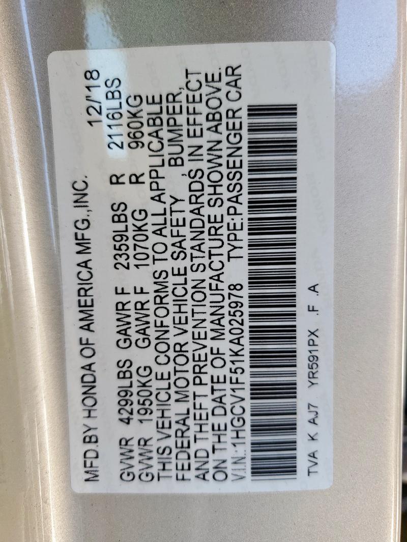 2019 HONDA ACCORD EXL - 1HGCV1F51KA025978