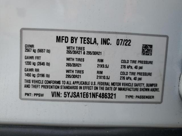 2022 TESLA MODEL S 5YJSA1E61NF486321