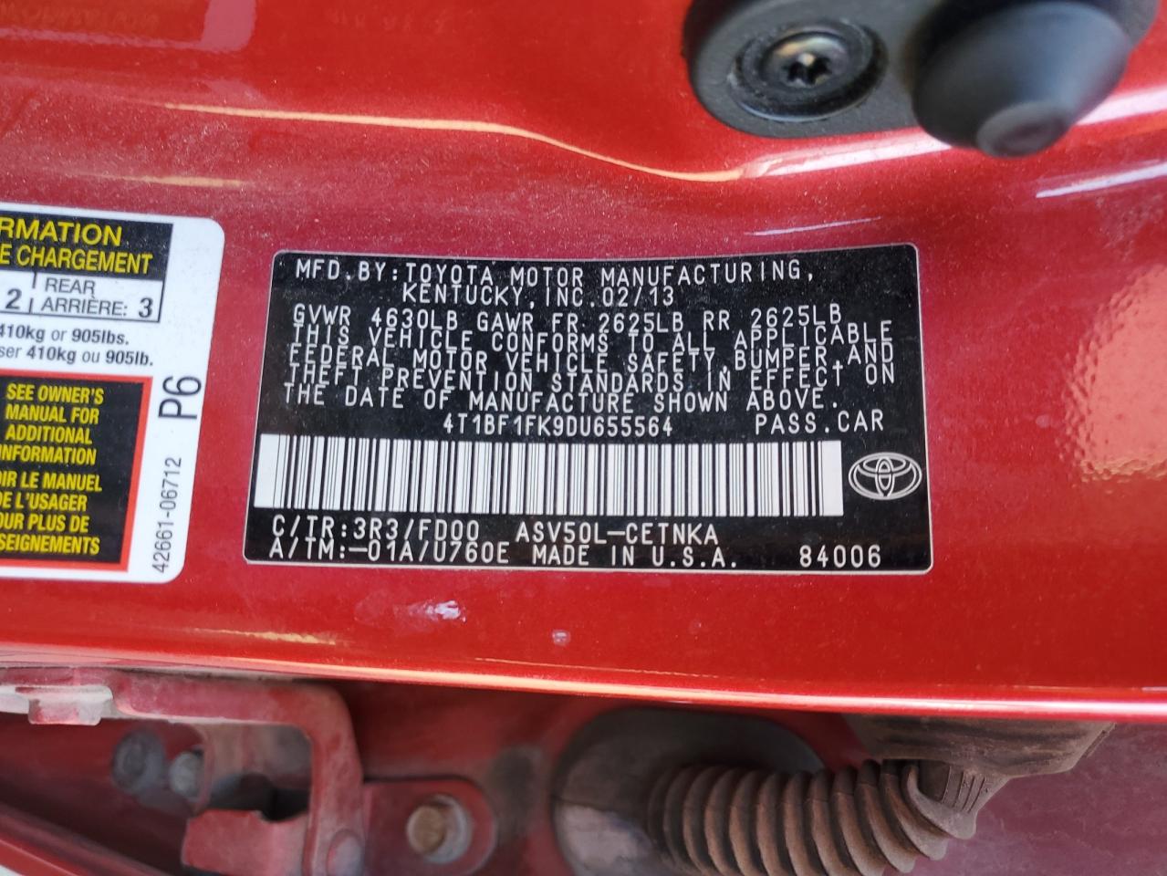 Lot #3308297164 2013 TOYOTA CAMRY L