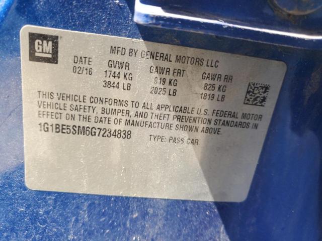 2016 CHEVROLET CRUZE LT 1G1BE5SM6G7234838