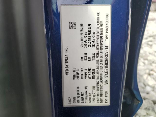 2022 TESLA MODEL 3 - 5YJ3E1EBXNF327514
