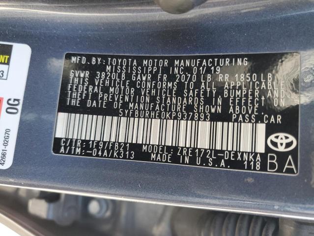 2019 TOYOTA COROLLA L - 5YFBURHE0KP937893