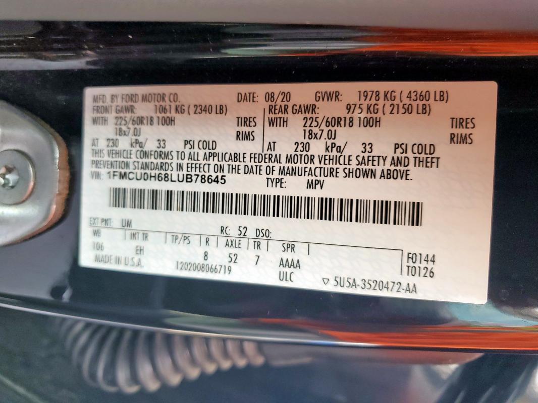 2020 FORD ESCAPE SEL - 1FMCU0H68LUB78645