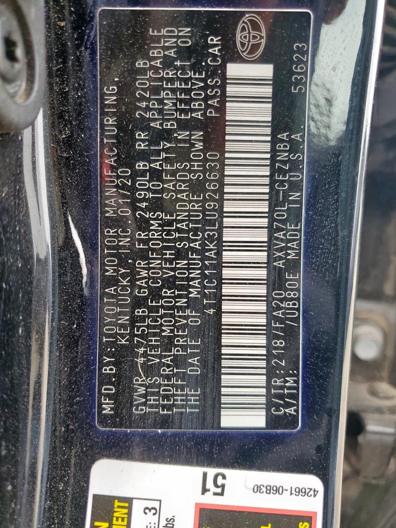 2020 TOYOTA CAMRY LE - 4T1C11AK3LU926630