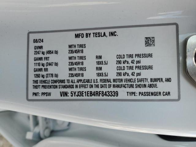 2024 TESLA MODEL 3 5YJ3E1EB4RF843339
