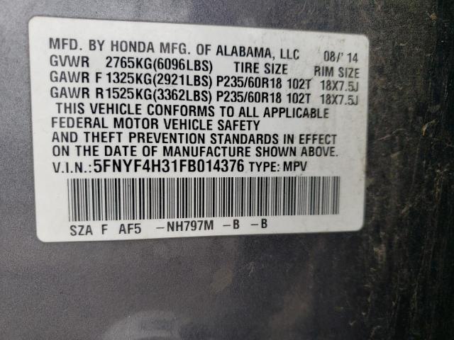 2015 HONDA PILOT SE 5FNYF4H31FB014376