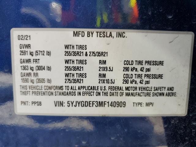 2021 TESLA MODEL Y - 5YJYGDEF3MF140909