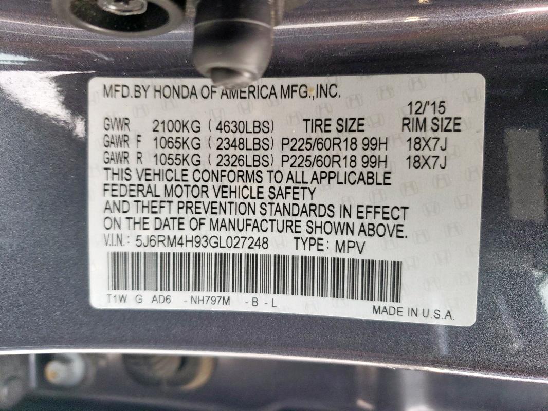 2016 HONDA CR-V TOURI - 5J6RM4H93GL027248