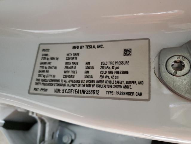 2022 TESLA MODEL 3 - 5YJ3E1EA1NF358612