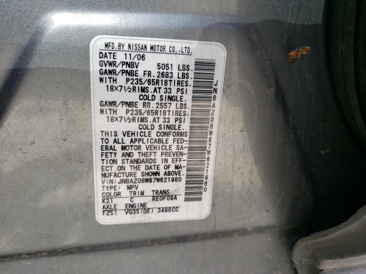 Lot #3318098388 2007 NISSAN MURANO SL