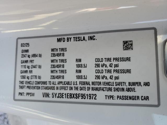 2025 TESLA MODEL 3 - 5YJ3E1EBXSF951972