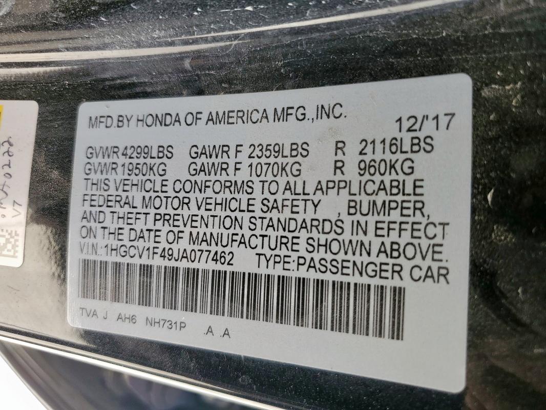 2018 HONDA ACCORD EX - 1HGCV1F49JA077462