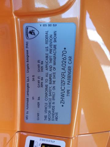 2015 LAMBORGHINI HURACAN ZHWUC1ZFXFLA02670