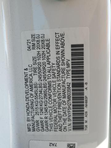 2021 HONDA PILOT SE 5FNYF5H27MB035842