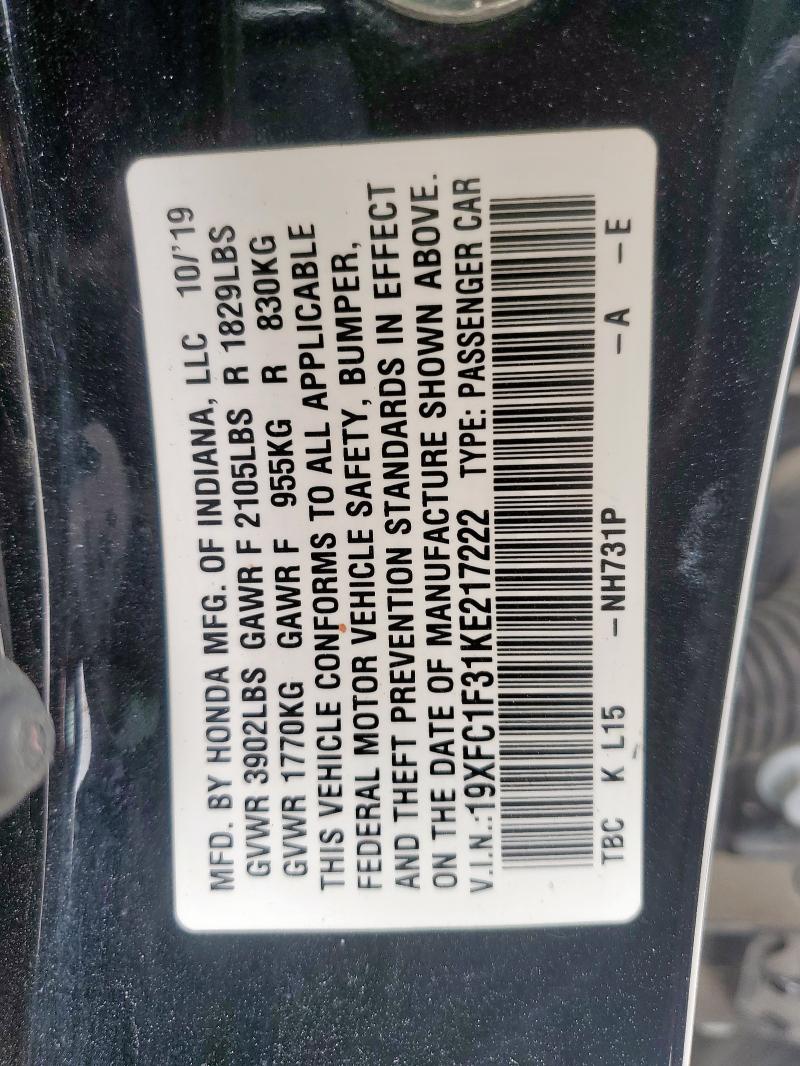 2019 HONDA CIVIC EX 19XFC1F31KE217222