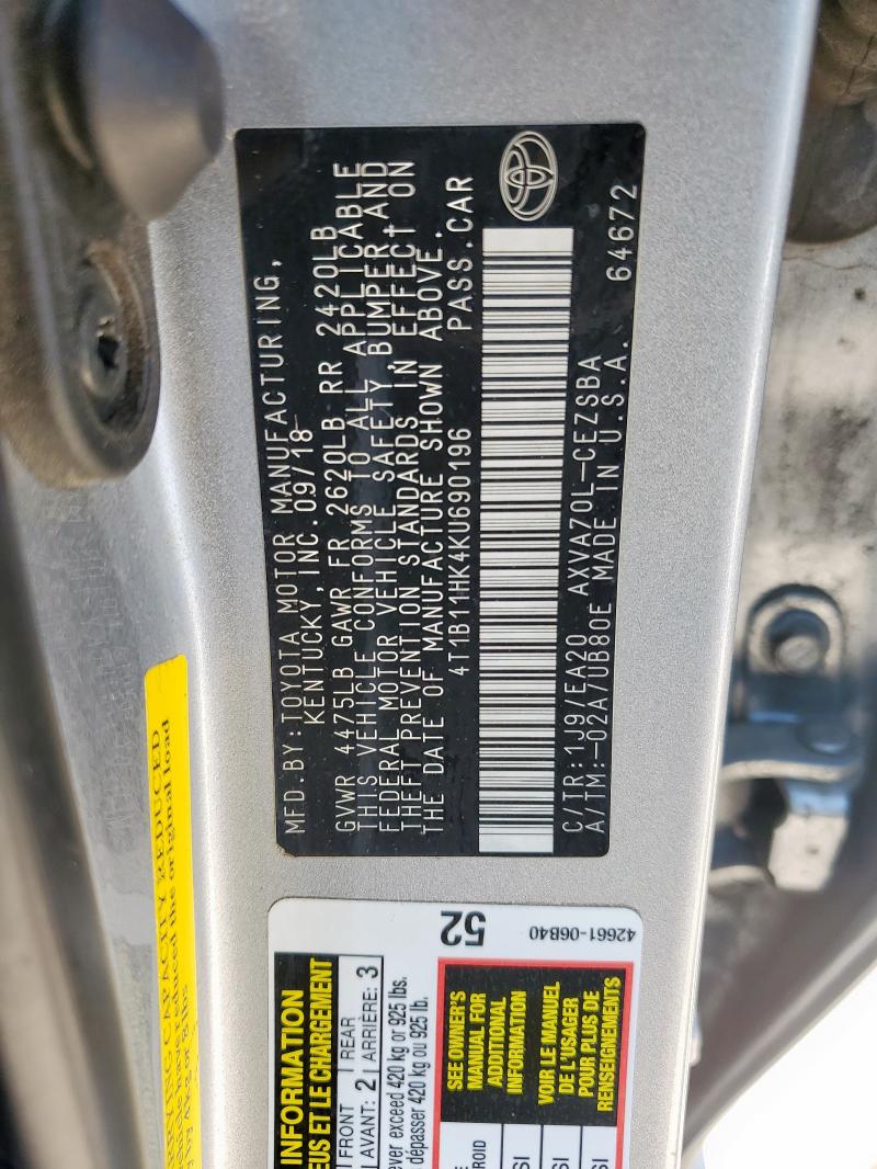 2019 TOYOTA CAMRY L - 4T1B11HK4KU690196