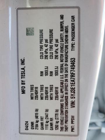 2024 TESLA MODEL 3 - 5YJ3E1EA7RF749463