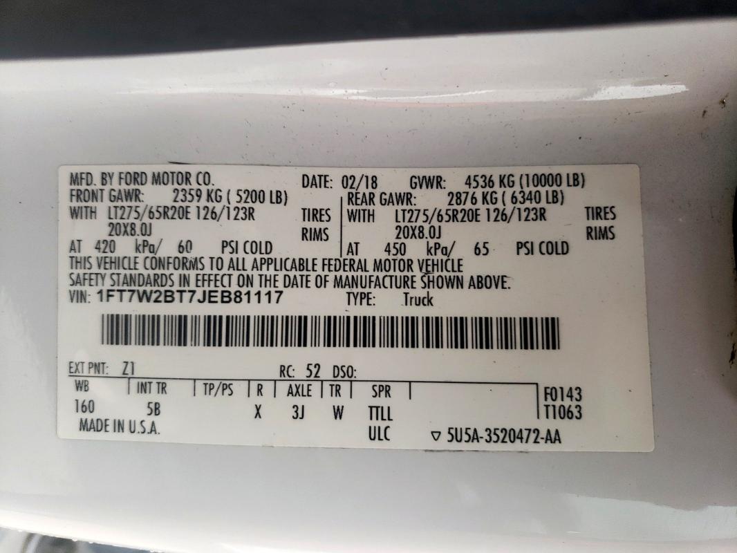 2018 FORD F250 SUPER - 1FT7W2BT7JEB81117