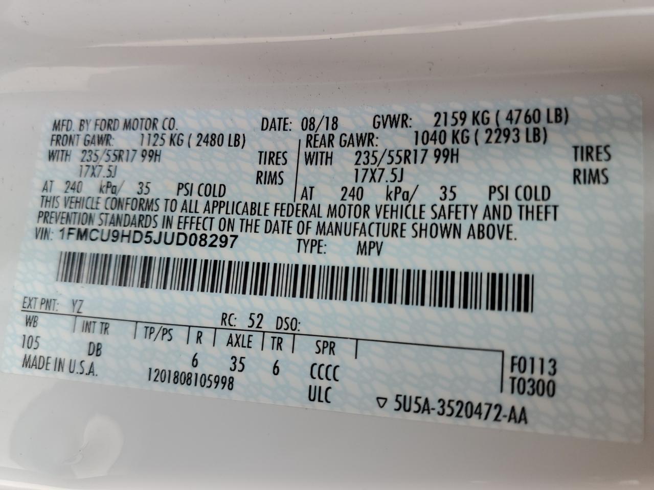 Lot #3309176620 2018 FORD ESCAPE SEL